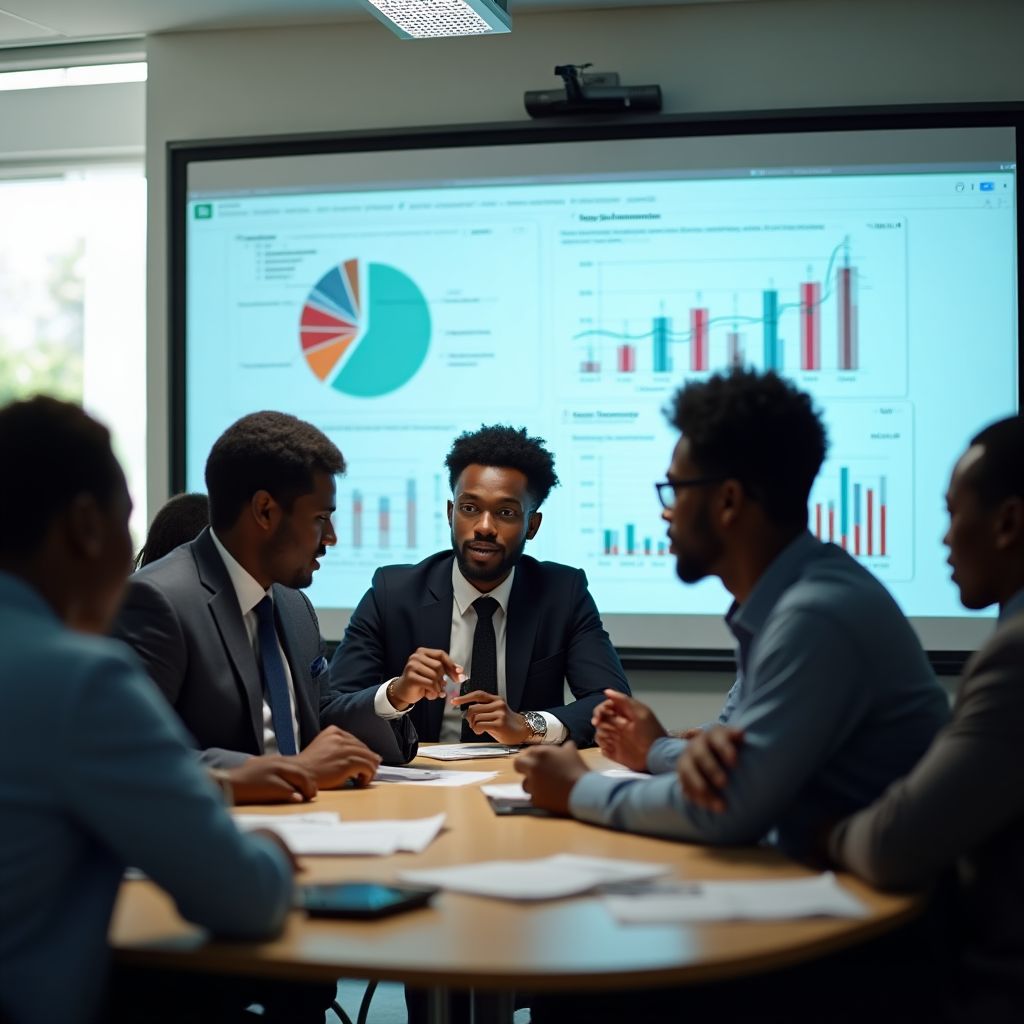 Students learning investment basics in classroom